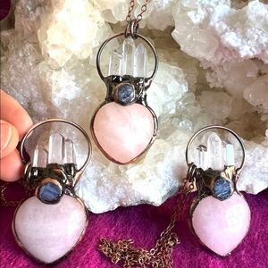 Rose Quartz Heart + 3 Quartz Point Necklace